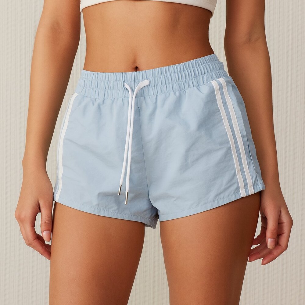 Light Blue Athletic Shorts with White Side Stripes